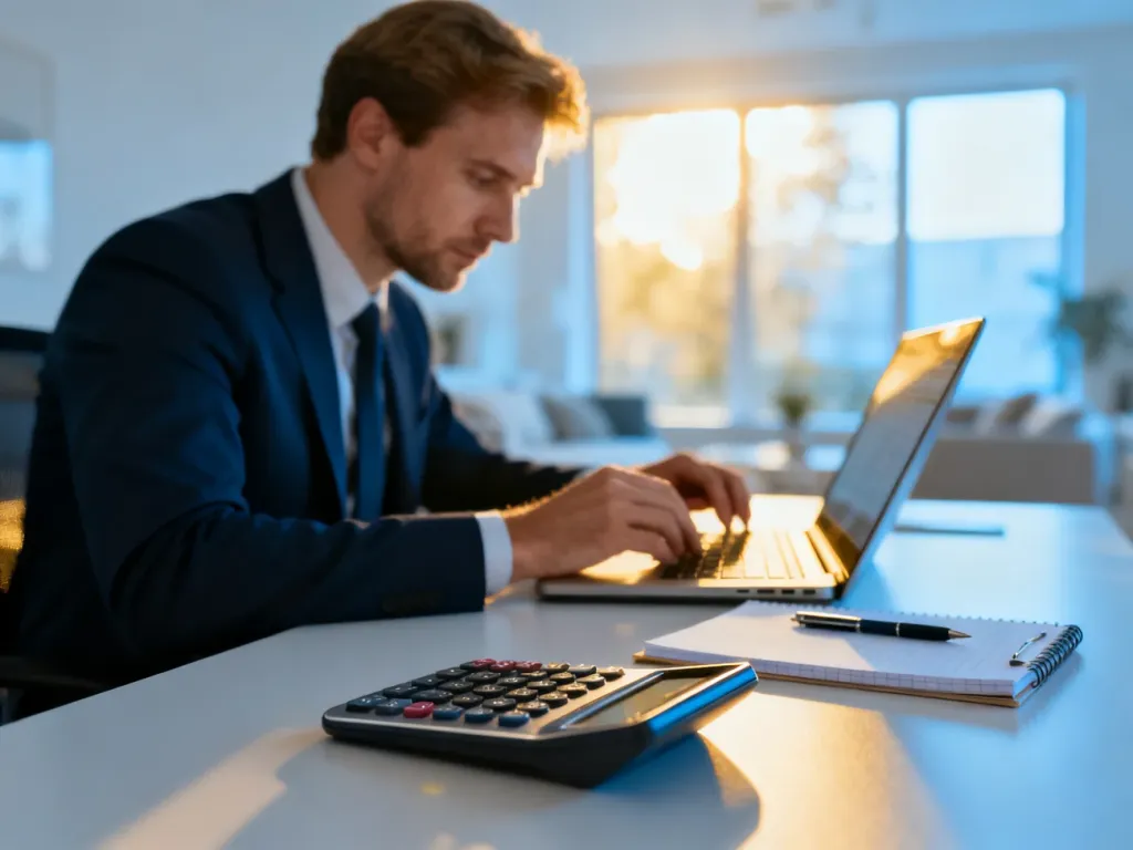 Mężczyzna pracujący przy laptopie i kalkulatorze w nowoczesnym biurze, zajmujący się obliczeniami finansowymi.