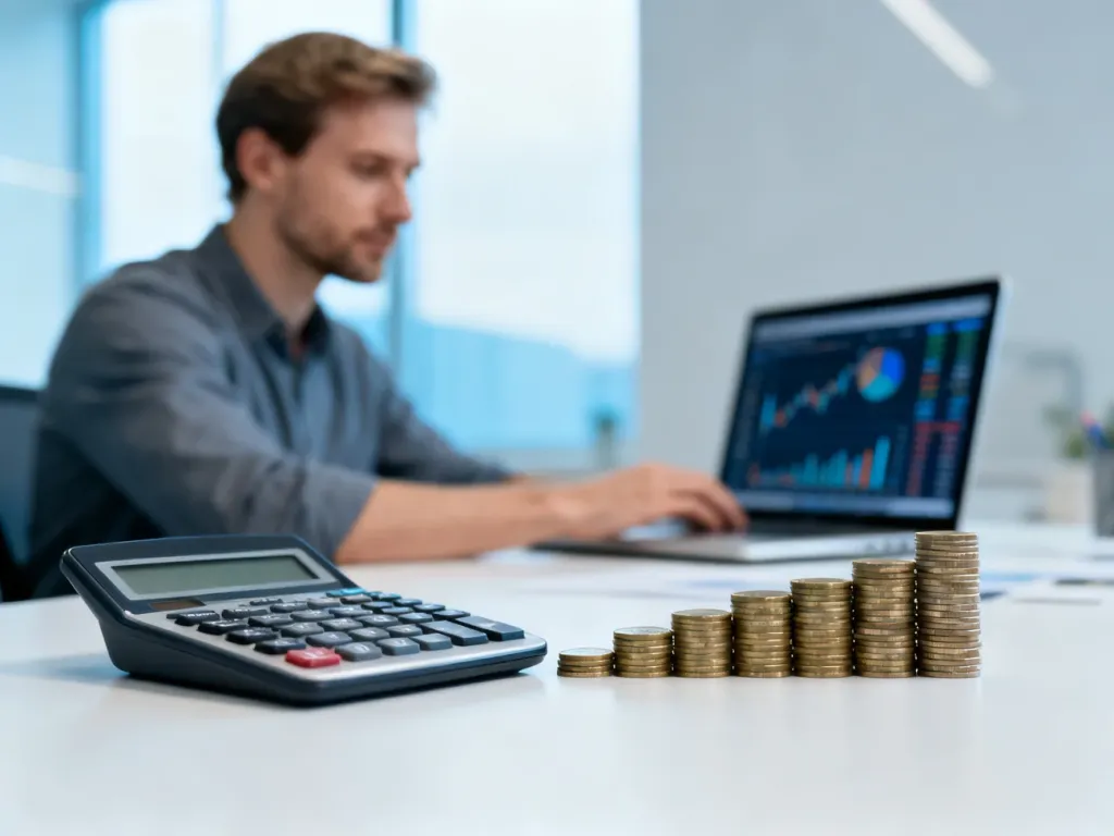 Mężczyzna przy biurku z kalkulatorem i monetami, symbolizujący obliczenia finansowe i wynagrodzenie netto.
